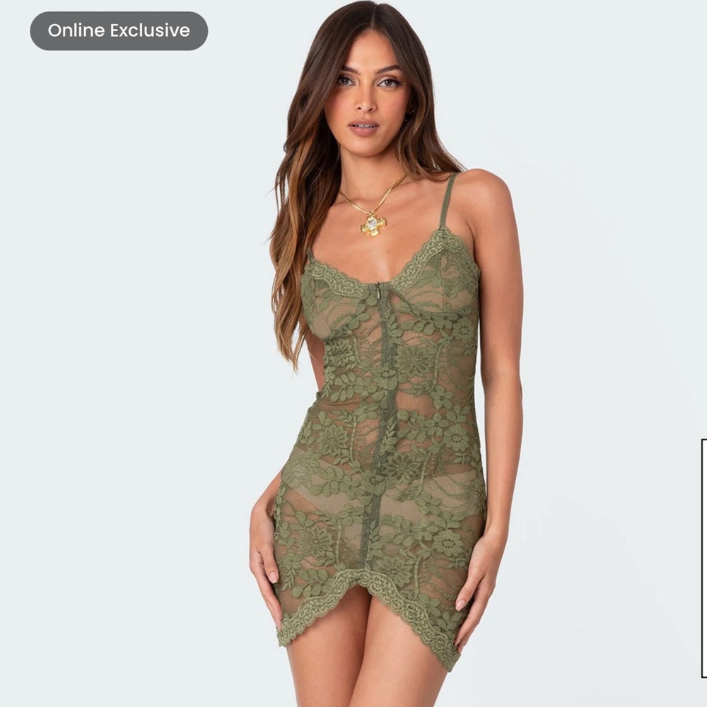 Edikted Green Lace Slip Dress